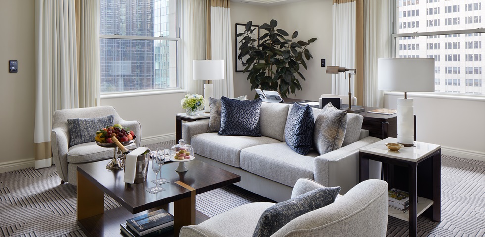 A Grand Suite living room at The Peninsula New York